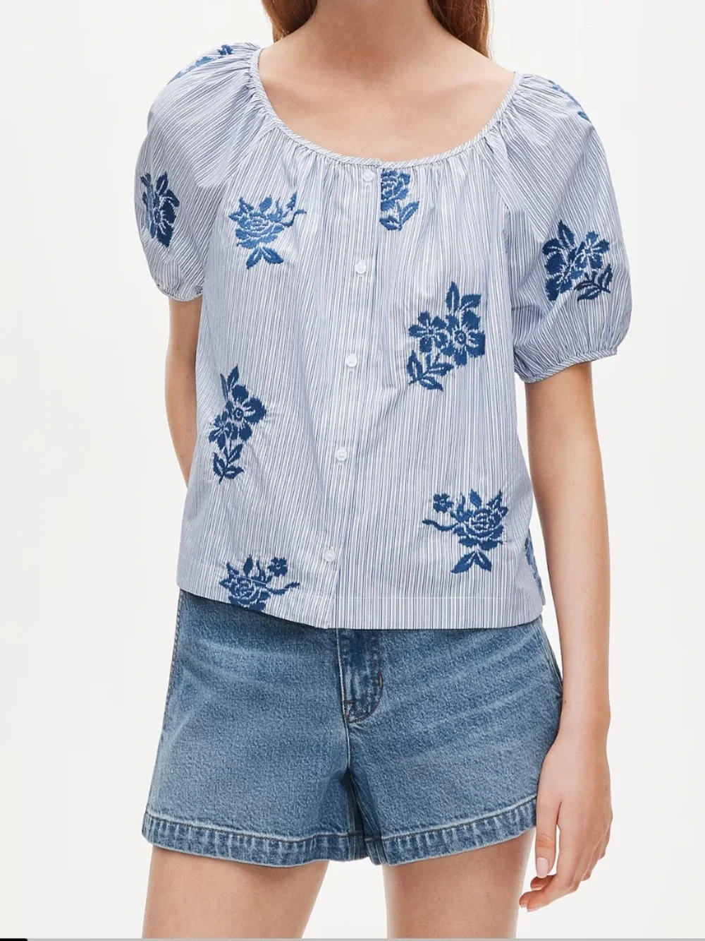 J. Crew Floral Striped Puff-Sleeve Button-up Embroidered Blouse